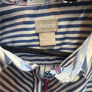 Chico's Navy and White Striped Button-Front Shirt with Floral Trim